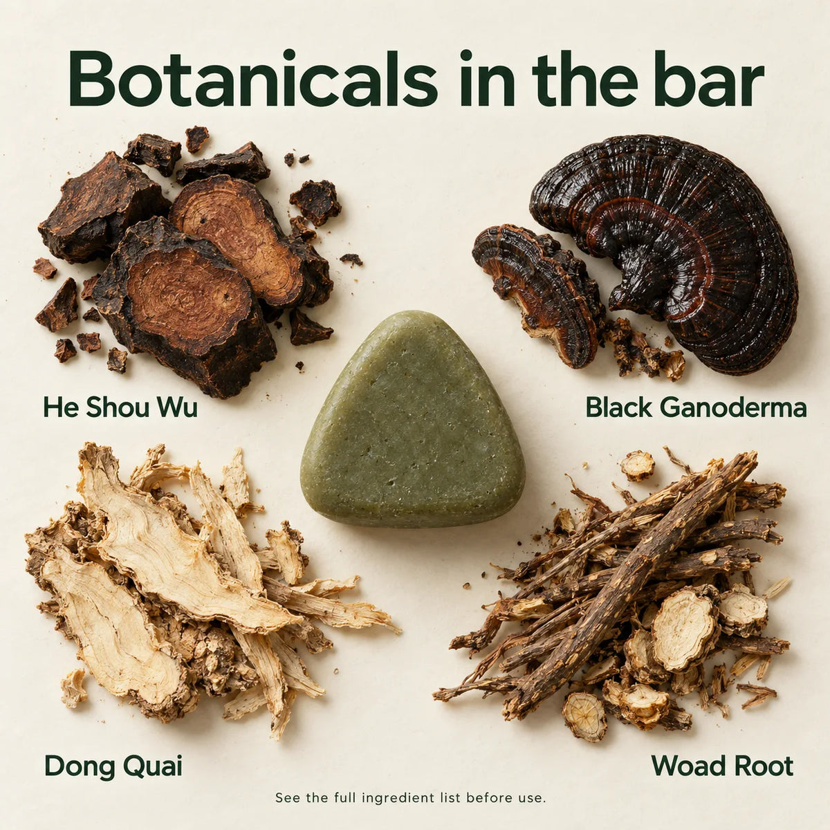 He Shou Wu, Black Ganoderma, Dong Quai and Woad Root are among the botanicals in the bar.