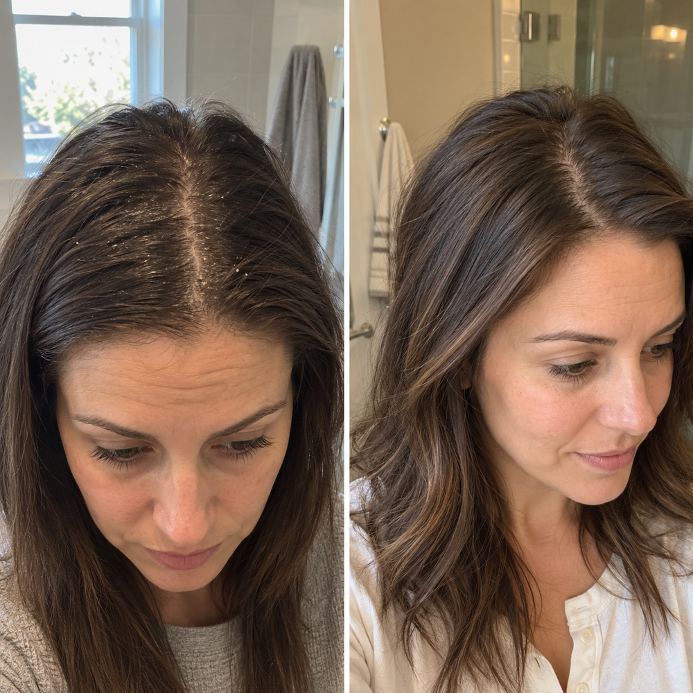 Simulated before-and-after surface cleansing. Hair density is unchanged. Not customer results.