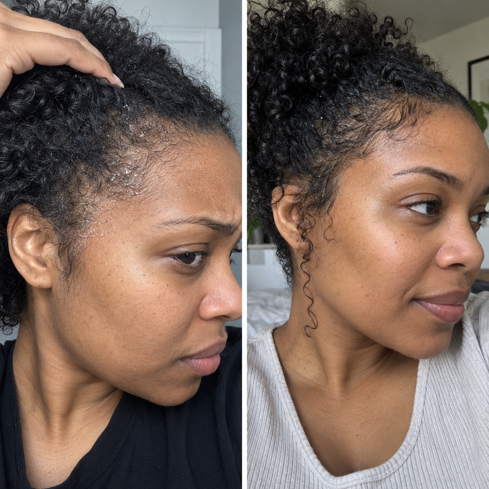 Simulated before-and-after surface cleansing. Hair density is unchanged. Not customer results.