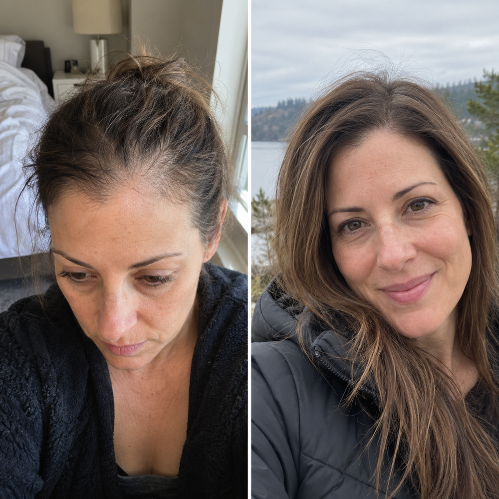 Simulated before-and-after surface cleansing. Hair density is unchanged. Not customer results.