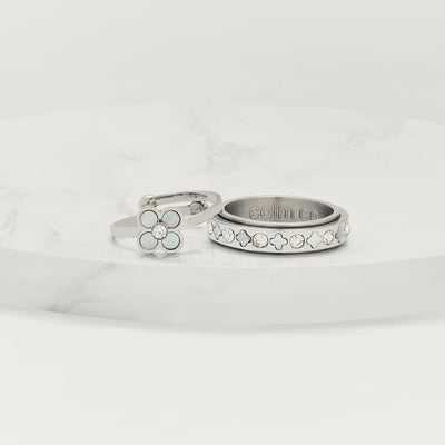 silver 4-leaf pearl clover adjustable anxiety ring