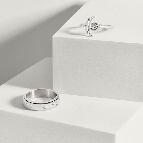 silver moon and star pattern anxiety ring